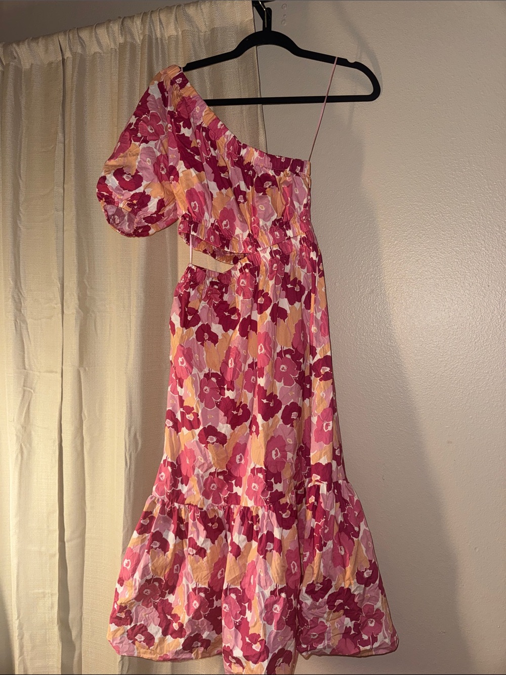 Lush One-Shoulder Floral Midi Dress in Pink & Yellow